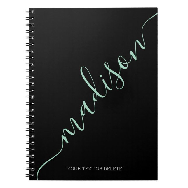 Modern Black Mint Green Handwritten Name Monogram Notebook (Front)