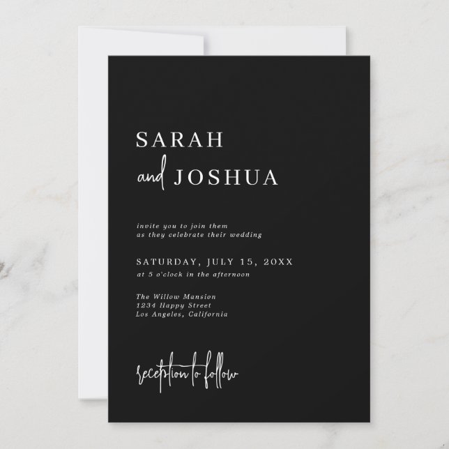 Modern Black Monochrome Minimalist Script Wedding Invitation (Front)