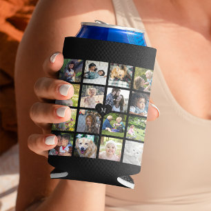 Modern black monogram 16 photo collage  can cooler