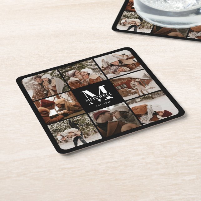 Modern Black Monogram Initial Family Name &  Photo Square Paper Coaster (Angled)