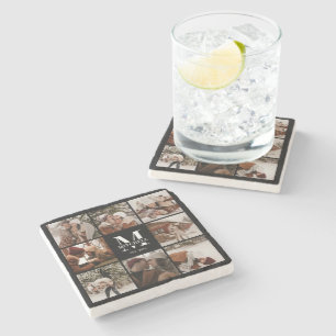 Modern Black Monogram Initial Family Name &  Photo Stone Coaster