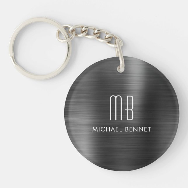Modern Black Monogrammed Key Ring (Front)
