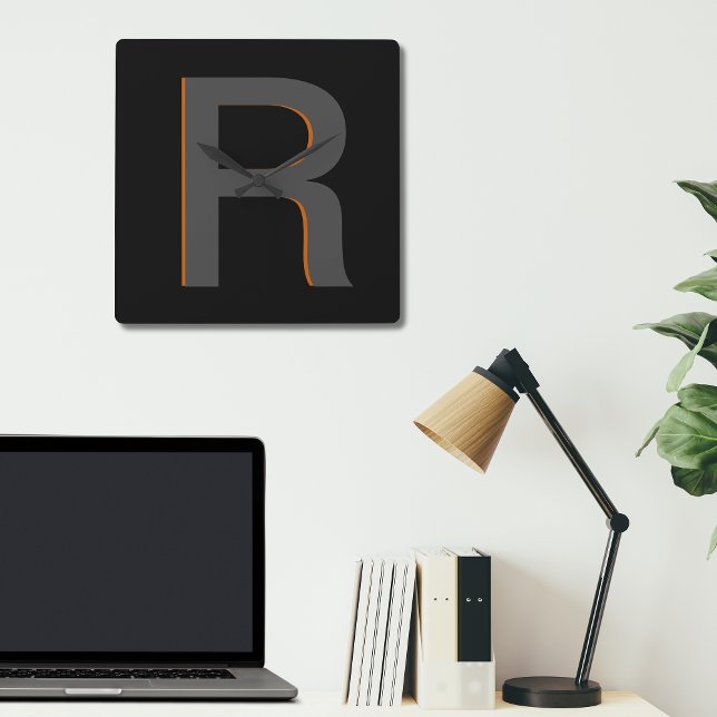 Modern Black Monogrammed Name Clock (Modern Masculine Monogram in Simple Black Minimalist Typography. Great gift for him)