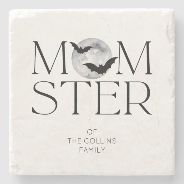 Modern Black Moon Bats Halloween Momster Mum Stone Coaster (Front)