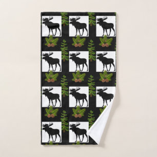 Modern Black Moose with Pine Greenery  Hand Towel