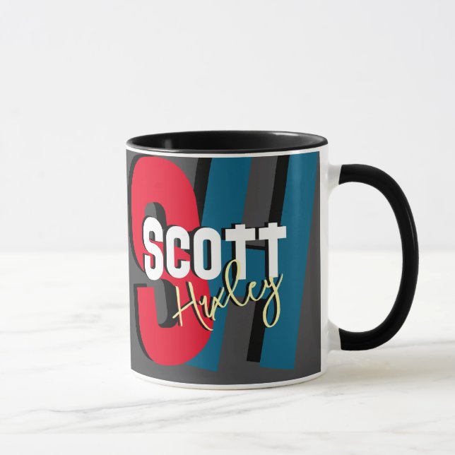 Modern Black Mug with Bold Color Monogram (Right)