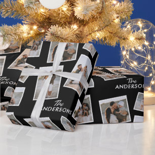 Modern Black Multi Photo Family Collage Wrapping Paper