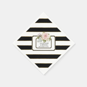 Modern Black n White Striped Rose Bridal Shower Napkin