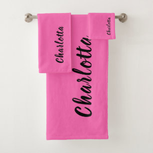 Modern Black Name   Neon Hot Pink Colour  Bath Towel Set