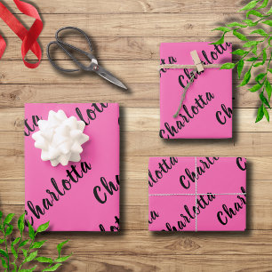 Modern Black Name   Neon Hot Pink Colour  Wrapping Paper Sheet