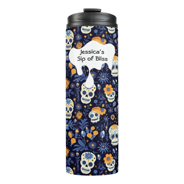 Modern Black Navy Customise Halloween Gift Skull  Thermal Tumbler (Front)