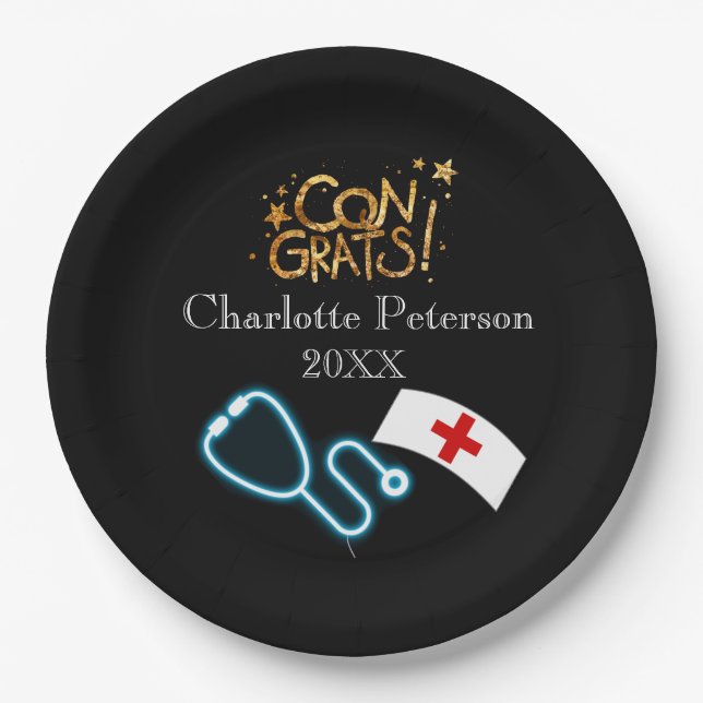Modern Black Nurse Graduation Party  Paper Plate (Front)