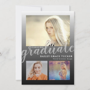 Modern Black Ombre Graduate 3-photo Graduation Announcement
