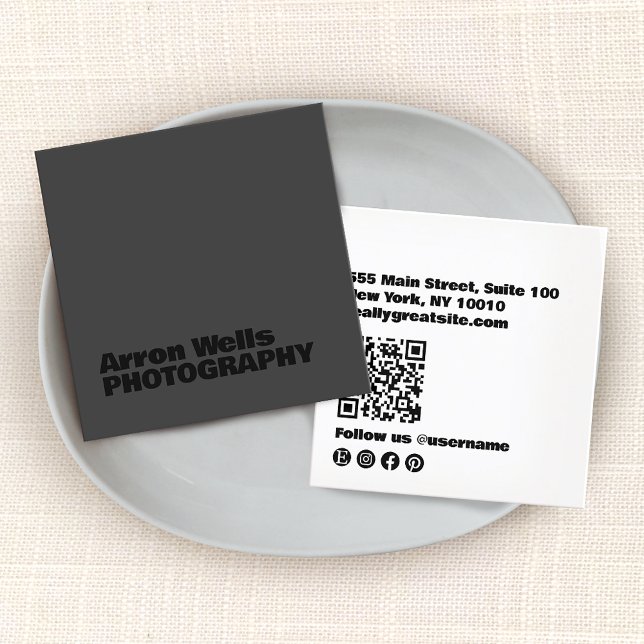  Modern Black on Black  Bold Typography QR Code Square Business Card (Black on black QR social media networking icons square )