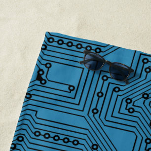 Modern Black On Teal Blue Computer Circuit Board Beach Towel