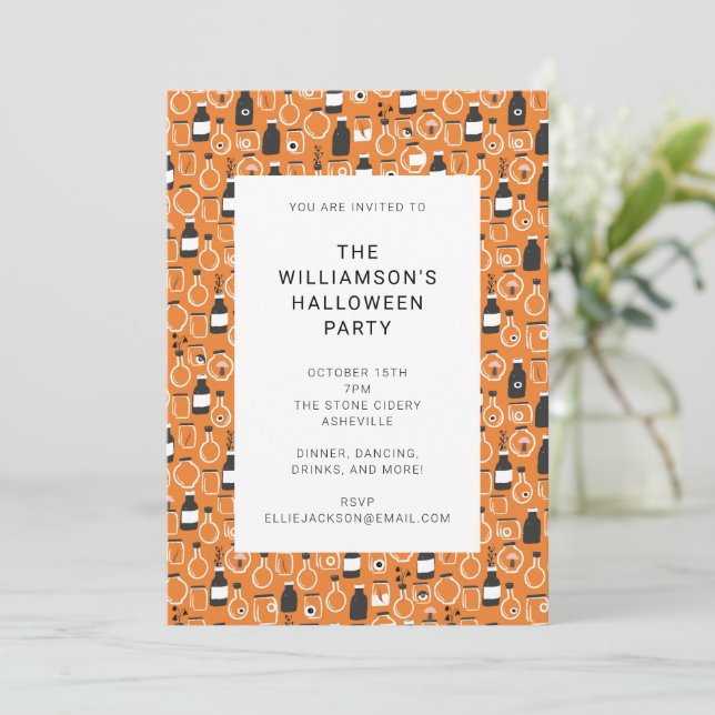 Modern Black Orange Apothecary Halloween Party Invitation (Standing Front)