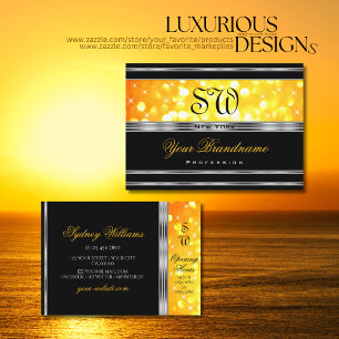 Modern Black Orange Glitter Monogram Silver Border Business Card