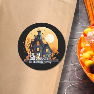 Modern Black Orange Haunted House Happy Halloween Classic Round Sticker