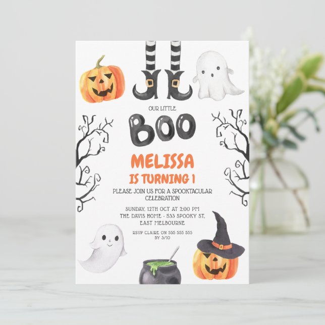 Modern Black Orange Little Boo Halloween Birthday  Invitation (Standing Front)