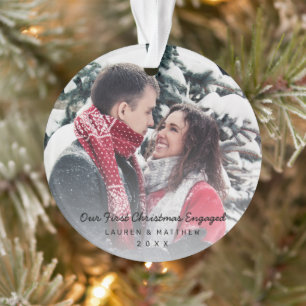Modern Black Our First Christmas Engaged Photo Ornament