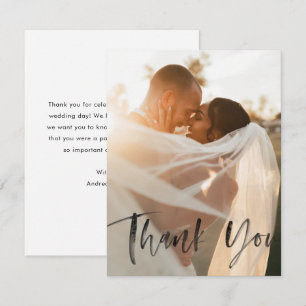 Modern Black Overlay Brush Script Wedding Photo Thank You Card
