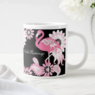 Modern Black Paisley Pink Flamingo Large Coffee Mug