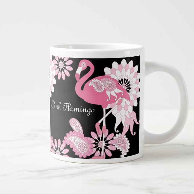 Modern Black Paisley Pink Flamingo Large Coffee Mug (Right)