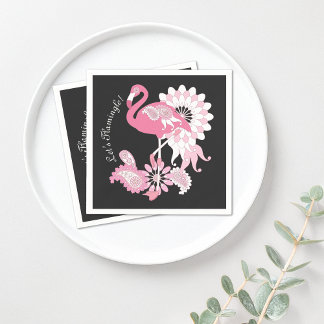 Modern Black Paisley Pink Flamingo Paper Napkin