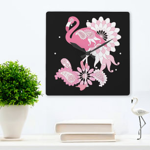 Modern Black Paisley Pink Flamingo Square Wall Clock