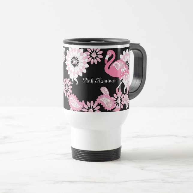 Modern Black Paisley Pink Flamingo Travel Mug (Front Right)