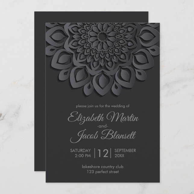 Modern Black Paper cut Mandala Wedding Invitation (Front/Back)
