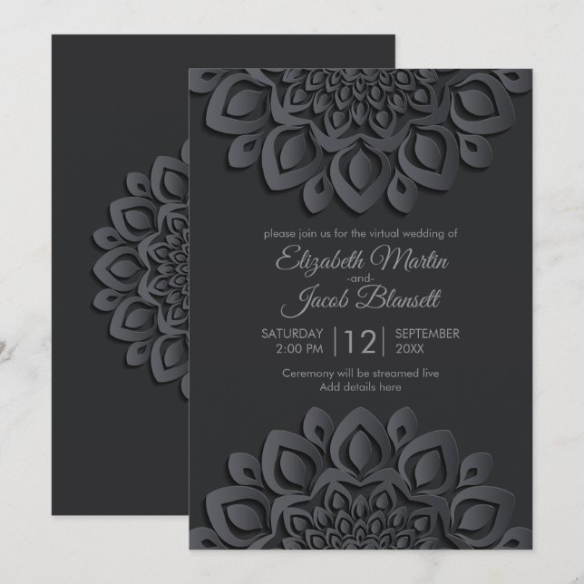 Modern Black Papercut Mandala Virtual Wedding Invitation (Front/Back)