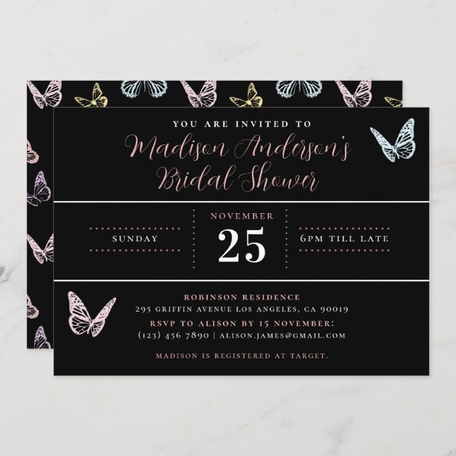 Modern Black Pastel Butterfly Print Bridal Shower Invitation (Front/Back)