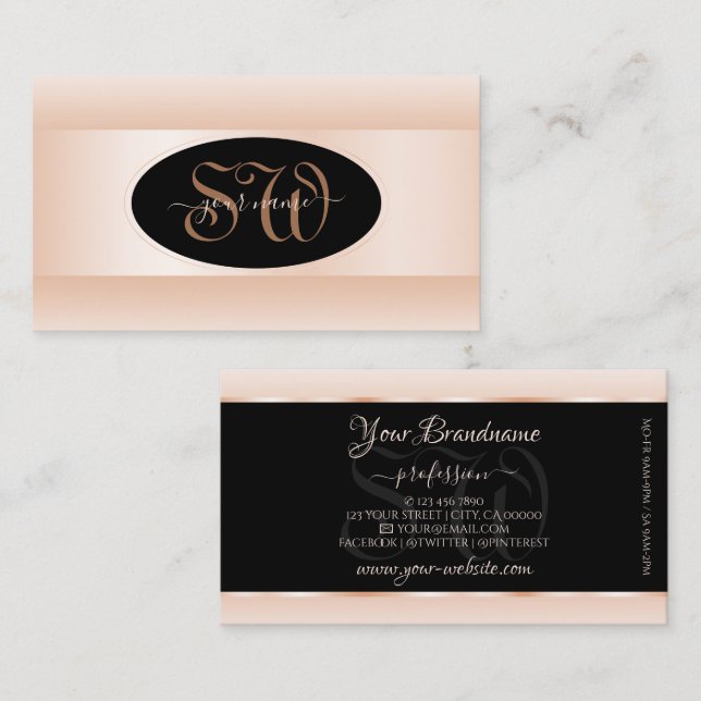 Modern Black Pastel Pink Ombre Oval Frame Initials Business Card (Front/Back)