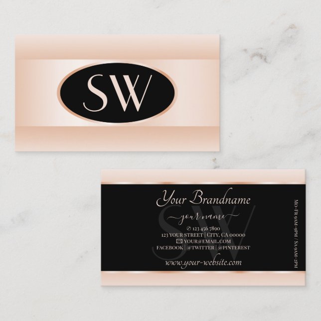 Modern Black Pastel Pink Ombre Oval Frame Monogram Business Card (Front/Back)