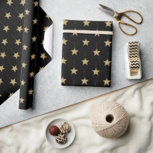Modern Black Pattern With Golden Stars Wrapping Paper