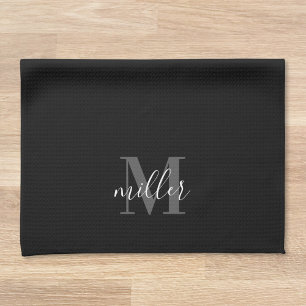Modern Black Personalised Family Name Monogram Tea Towel