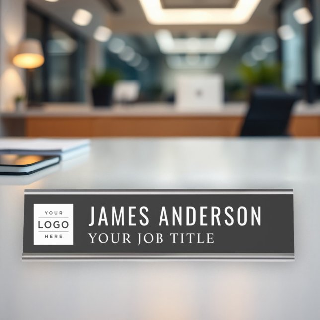 Modern Black Personalised Logo Employee Desk Name Plate (Creator Uploaded)
