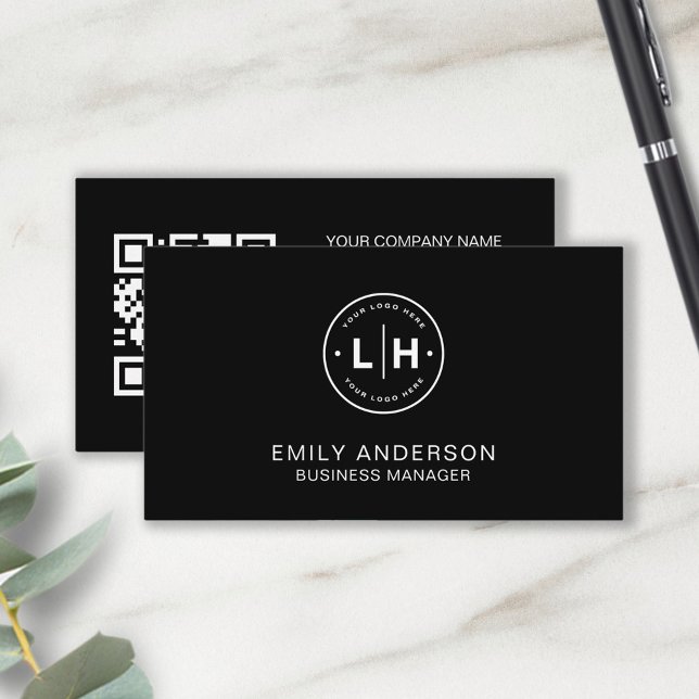 Modern Black Personalised Logo QR Business Card (Black Modern Minimal Custom Logo QR code Business Card by MINTIC DESIGN STUDIO)