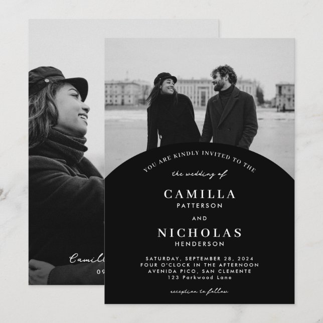 Modern Black Photo Arch Overlay Wedding Invitation (Front/Back)