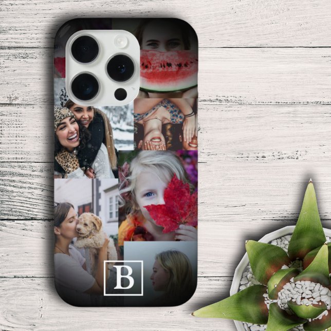 Modern Black Photo Collage 6 Image Monogram Case-Mate iPhone Case (Creator Uploaded)