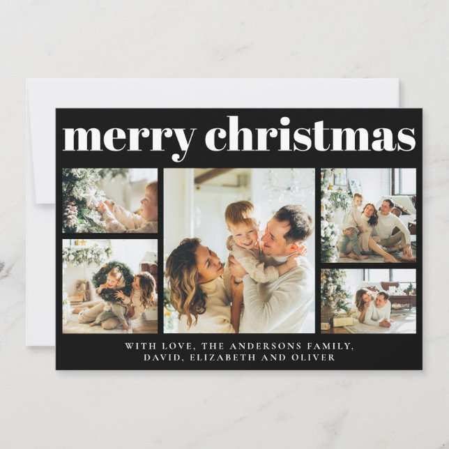 Modern Black Photo Collage Christmas Holiday  Card (Front)