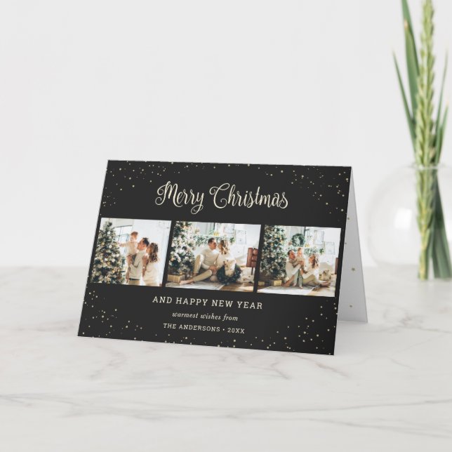 Modern Black Photo Collage Merry Christmas Cards (Front)