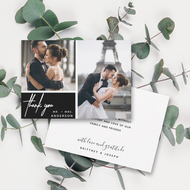 Modern Black Photo Collage Wedding (Two photo hand lettered thank you wedding card with a minimalistic design perfect for any couple.)