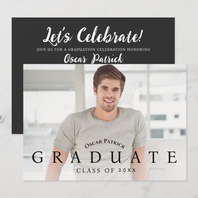 Modern Black Photo Graduation Party Invitation (Front/Back)