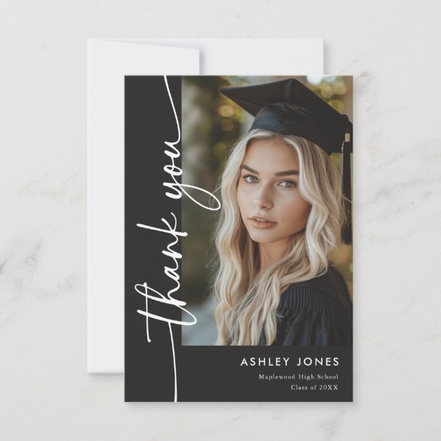 Modern Black Photo Graduation Thank You Card (Front)