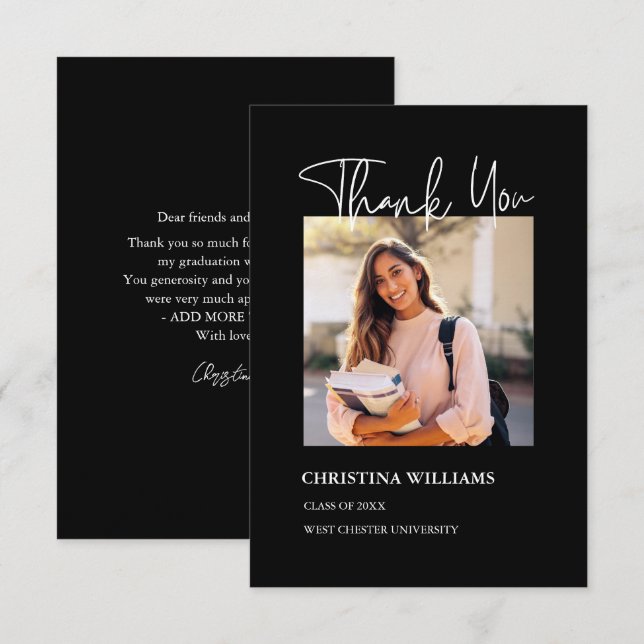 Modern Black Photo Graduation Thank You Card (Front/Back)