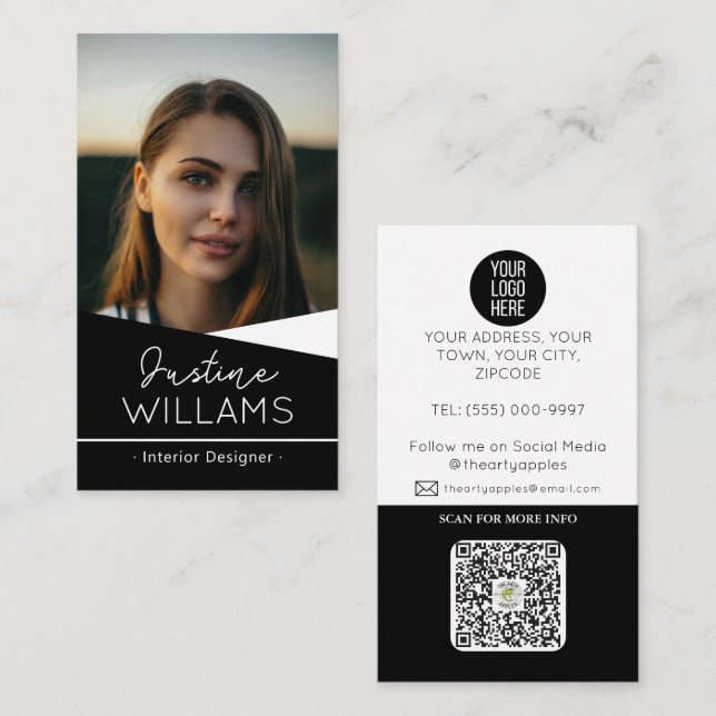 modern black Photo logo QR code professional Business Card (Front/Back)