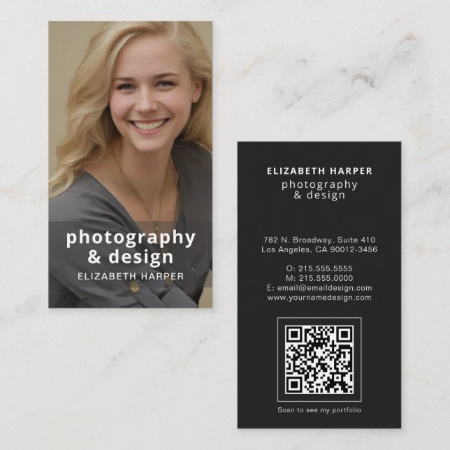 Modern Black Photo QR Code Professional Elegant Business Card (Front/Back)