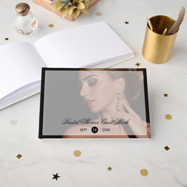 Modern Black Photo Sheer Overlay Bridal Shower Guest Book (Front Open)